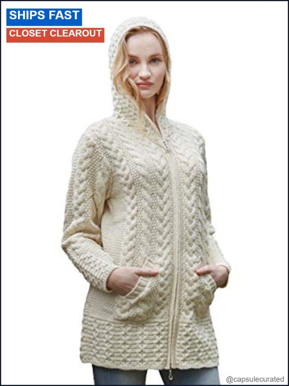 Merino Wool Cable Knit Hooded Coat 3/4 Length Irish Celtic Zip